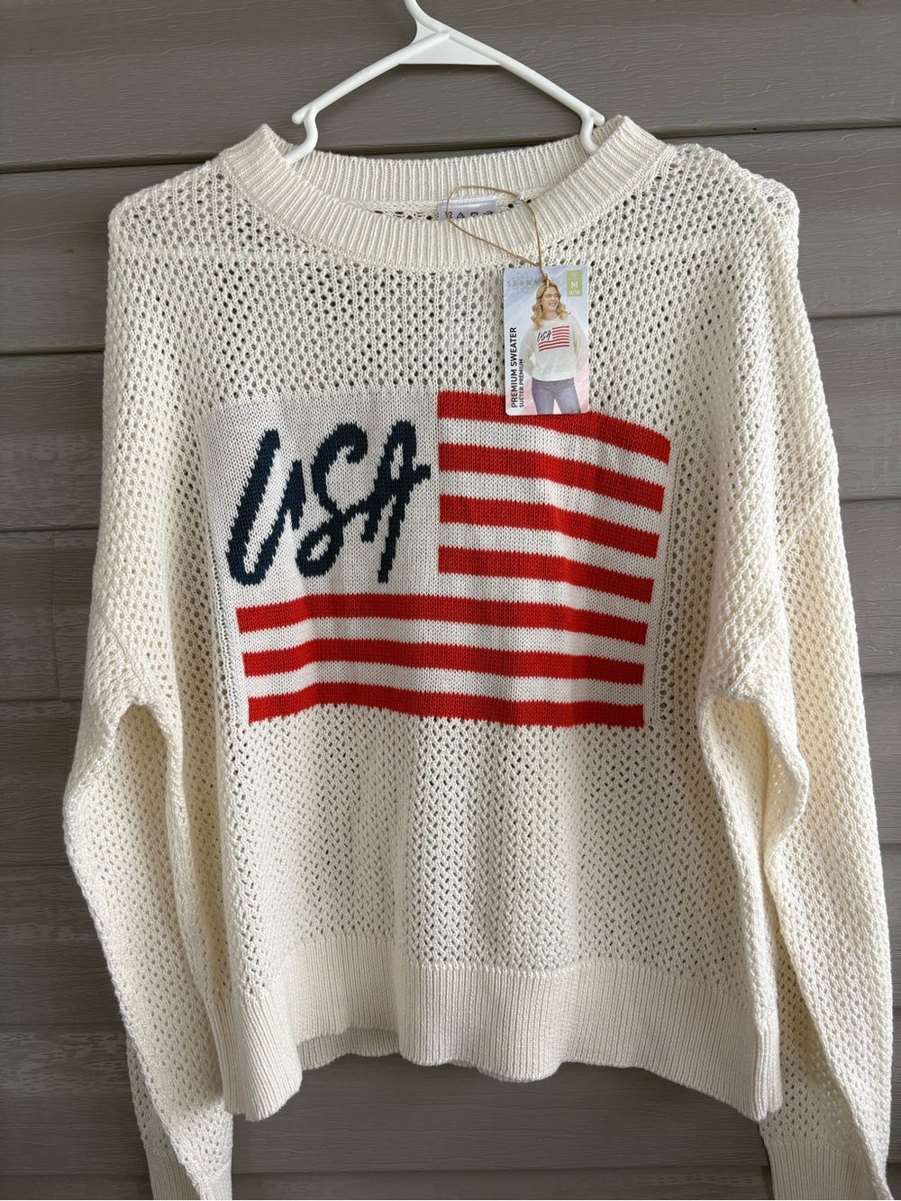 Serra Cream Open-Knit USA Flag Sweater with Red & Navy
